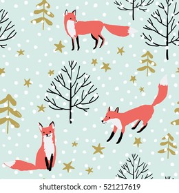 Red foxes in the woodland, stars, snow on the mint background. Vector seamless pattern with wild forest animal. Winter xmas illustration.