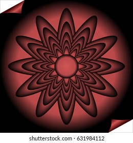 Red fractal inspired flower in circle shape on black background, optical art style
