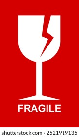 Red fragile warning label, broken glass symbol, 
 package sticker, vector illustration 