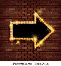 Red frame arrow with light bulbs on the background of the brick wall. Vector illustration