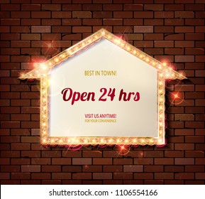 Red frame arrow open with light bulbs on the background of the brick wall. Vector illustration