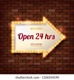 Red frame arrow open with light bulbs on the background of the brick wall. Vector illustration