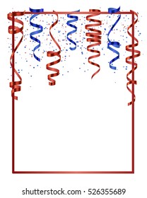 Red frame with red and blue serpentine, ribbon with red and blue dust confetti isolated on white background. Christmas card for party, holiday design, decor. Vector illustration.