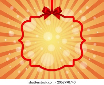 Red frame with bow on sunbeam abstract background. Holiday greeting card.