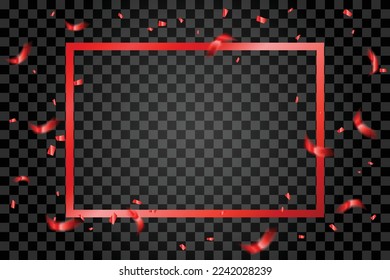Red Frame And Confetti With Ribbons Falling On Background. Celebration Event, Birthday. Vector