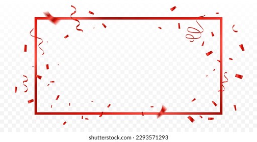 Red Frame And Confetti With Ribbons Falling On Transparent Background. Celebration Event And Birthday. Grand Opening. Vector