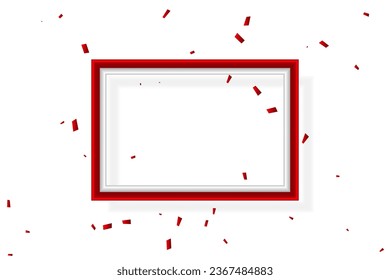 Red Frame And Confetti With Ribbons Falling On White Background. Celebration Event And Birthday. Grand Opening. Vector