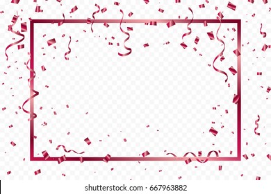 Red Frame And Confetti With Ribbons Falling On Transparent Background. Celebration Event & Birthday. Vector