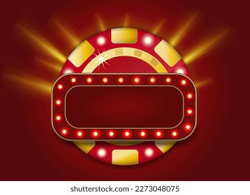 Red frame with glowing shiny LED light bulbs. Round gold poker chip shining casino banner. Vector illustration. Signboard lamps border for casino, roulette, black jack