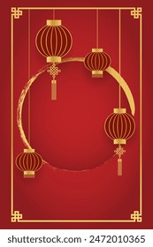 Red frame with gold frame and lantern, Chinese New Year template 2025, greeting card