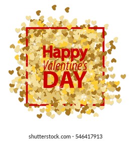 Red frame golden glitter love heart. Happy valentines day and wedding sparkle design elements. Vector shiny illustration on red background template.