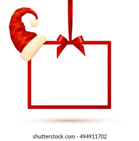 Red frame hanging on silky ribbon with Santa's hat on angle, vector Christmas illustration