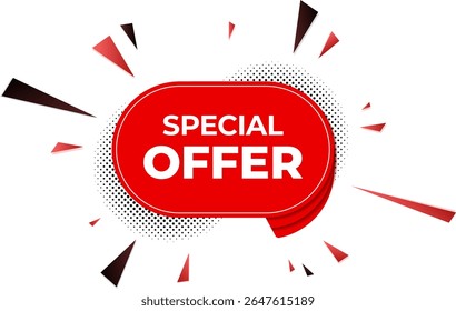 Quadro vermelho com inscrição OFERTA ESPECIAL, meio-tom e triângulo molda elementos ao redor. Ilustração vetorial.