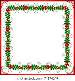 Red frame with leafs and berries on a pink background