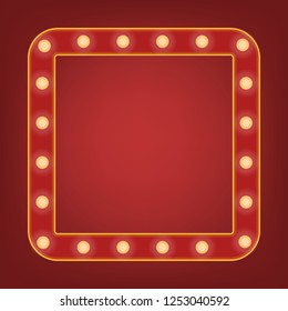 Red frame with light bulb around. Bright mirror or background element. Retro vintage banner decoration. Circus style vector illustration.