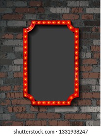 Red frame with light bulbs on the background of old vintage brick wall. Vector illustration