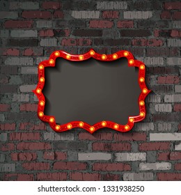 Red frame with light bulbs on the background of old vintage brick wall. Vector illustration