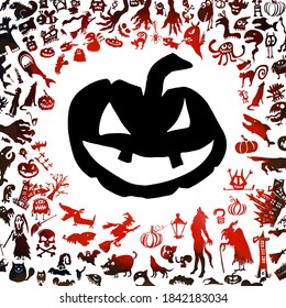 Un marco rojo de objetos para Halloween. Objetos de monstruos. Calabaza. Ilustración del vector