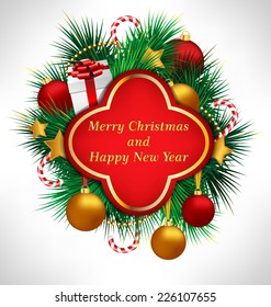 Red frame on pine branches with multicolored Christmas balls stars, candy canes and chains on grayscale background