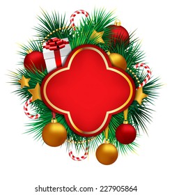 Red frame on pine branches with multicolored Christmas balls stars, candy canes and chains on grayscale background