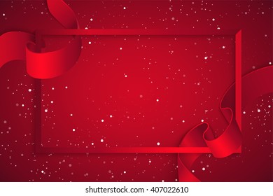 Red frame with realistic curving red ribbon. Background for greeting card and promotion. Vector illustration