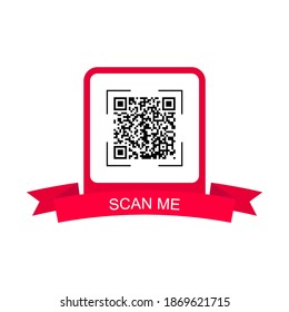 Red frame with ribbon for qr code. Creative concept qr code. Scan me. Vector