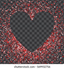 Red frame of scatter confetti in shape of heart. Transparent border element for festive banner, greeting card, postcard, wedding invitation, Valentines day and save the date card. Vector illustration.