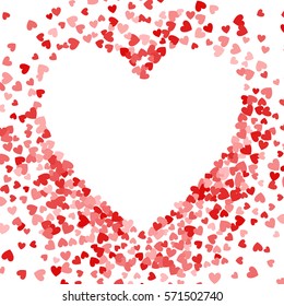 Roter Rahmen der Streuung Konfetti in Form von Herz. Border Design Element für festliche Banner, Grußkarte, Postkarte, Hochzeitseinladung, Valentinstag und speichern Sie die Datumskarte. Vektorillustration.