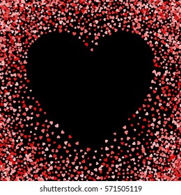 Red frame of scatter confetti in shape of heart. Border design element for festive banner, greeting card, postcard, wedding invitation, Valentines day and save the date card. Vector illustration.