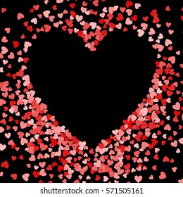 Red frame of scatter confetti in shape of heart. Border design element for festive banner, greeting card, postcard, wedding invitation, Valentines day and save the date card. Vector illustration.