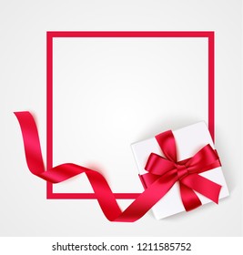 Red frame with white gift box, red bow and long ribbon for your design. Vector empty Sale design template