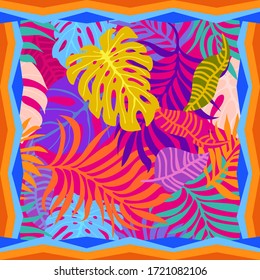 Red framed scarf. Print with bold tropical leaves. Summer textile collection. Template for bandanas and hijabs.