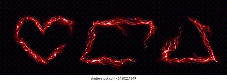 Red frames made of glowing neon lightning. Realistic vector set of triangle and heart shape borders from thunder bolts. Magic electric energy power framework on dark transparent background