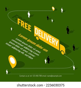 Red Free delivery shipping flyer advertisement banner with yellow car icon and light shadow. Banner or header for eshop on green background.