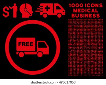 Red Free Delivery vector rounded icon. Image style is a flat icon symbol inside a circle, black background. Bonus set has 1000 health care business symbols.