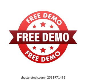 Red Free Demo Label with Ribbon and Stars Promoting Trial Access