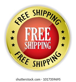Red free shipping badge with gold border on white background.vector illustration