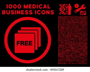 Red Free vector rounded icon. Image style is a flat icon symbol inside a circle, black background. Bonus set has 1000 health care business pictograms.