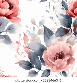 Red French Grey Terra Colorful Roses Floral Watercolor Seamless Pattern Wallpaper Background Vector
