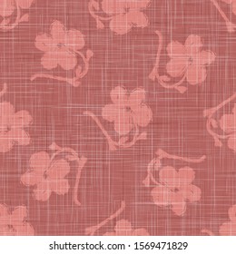 Red French Linen Texture Background. Ecru Daisy Flower Fibre Seamless Pattern. Organic Yarn Close Up Weave Fabric. Worn Bleach Dye Effect Natural Textile Backdrop. Swatch Tile Vector EPS10