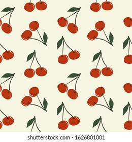 Red, fresh berries of a cherry with a leaf, geometric seamless pattern on a beige background. Pattern for printing on fabrics, festive and confectionery packaging, wallpaper