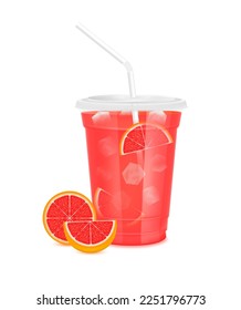 Red fresh cara cara navel juice glass and slices half. Fruit juice in clear plastic transparent cup flat lid, ice, straw tube. For design drink menu cafe or restaurants. Isolated 3D realistic vector.