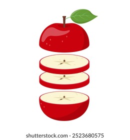 Fruta de maçã cortada vermelha e fresca. Fruta de maçã orgânica e fatias para suco, smoothie ou vitamina C alimentos saudáveis. Ilustração de ícone de vetor isolada no plano de fundo branco.