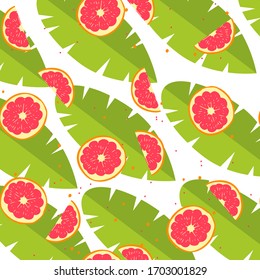 Red fresh grapefruit pattern art food design seamless vitamin vector ornament. Hand drawn flat seamless texture fruit tropical summer pattern. Sliced grapefruits and fruit seeds sweet graphic texture.