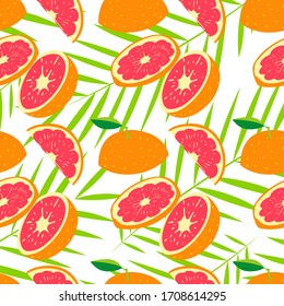 Rote frische Grapefruitmuster Kunst Lebensmitteldesign nahtlose Vitamin-Vektorillustration-Ornament. Handgezeichnet flache nahtlose Textur Obst tropische Sommer Muster. Sliced Grapefruit und Fruchtsamen süße grafische Textur.