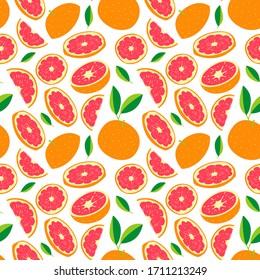 Red fresh grapefruit pattern art food design seamless vitamin vector ornament. Hand drawn flat seamless texture fruit tropical summer pattern. Sliced grapefruits and fruit seeds sweet graphic texture.