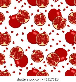 Diseño de alimentos con diseño de arte fresco de granadas, sin fisuras de vitamina vectorial. La textura sin fisuras dibujada a mano granja el patrón de la fruta. Pomegranados en lonchas y semillas de frutas textura grafica dulce.
