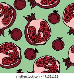 Red fresh pomegranate pattern art food design seamless vitamin vector ornament. Hand drawn seamless texture pomegranates fruit pattern. Sliced pomegranates and fruit seeds sweet graphic texture.