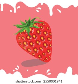 Red fresh realistic strawberry with milk isolated on Pink background. Sweet and Organic fruit. Vector illustration ,all layers are single for any coustomization ,Eps 10  