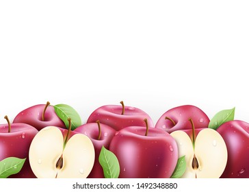 Red Fresh Ripe Apples Sliced and Whole 3D Realistic with Water drops and Leaves in Isolated White Background Vector Illustration